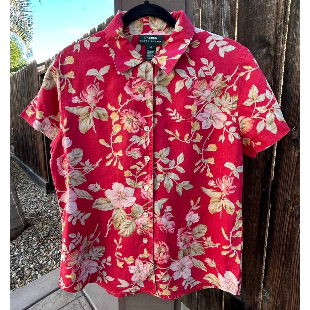 Lauren Ralph Lauren Button Down Women M Red Floral 100% Linen Short Sleeve Shirt